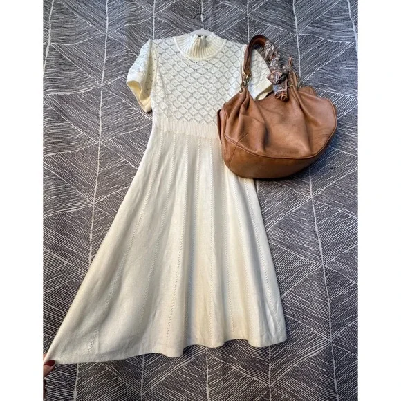 Ivory Knit Dress Short Sleeve Mock Neck Diamond Pattern‎ L - Picture 3 of 10